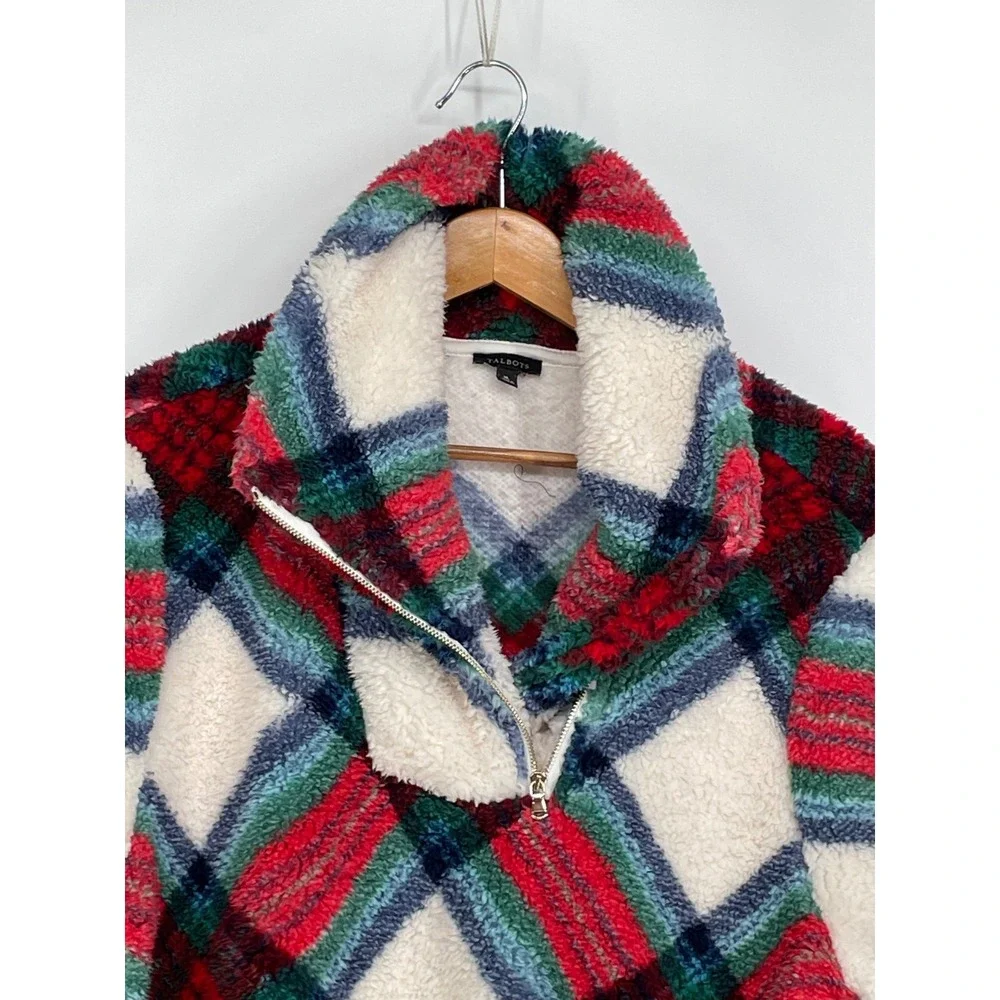 Talbots‎ Womens Pullover XL Sherpa Fleece Multicolor Plaid Shawl Zip